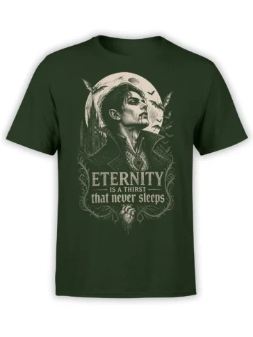 Gothic vampire portrait T-shirt in green with bats, a full moon, castle towers, and an eternal thirst quote