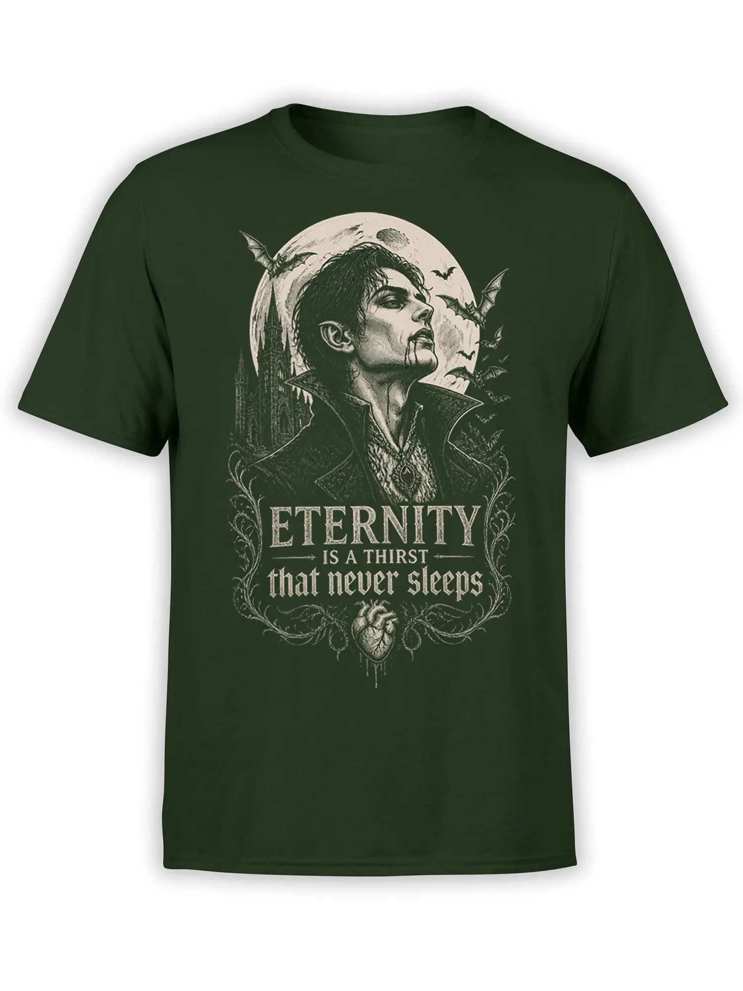 Gothic vampire portrait T-shirt in green with bats, a full moon, castle towers, and an eternal thirst quote