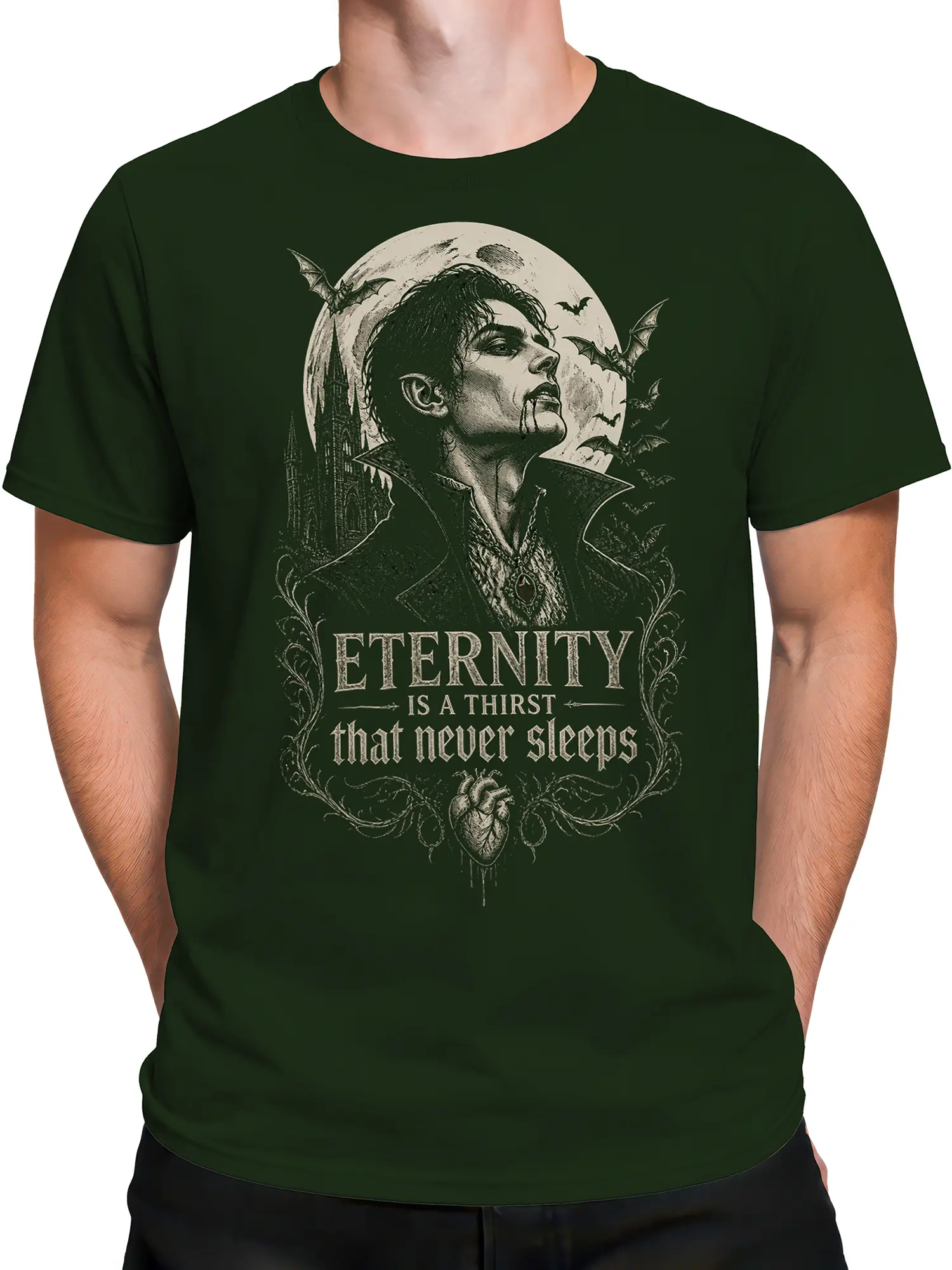 Male torso wearing a green gothic vampire T-shirt with bats, full moon, castle, and ornate lettering