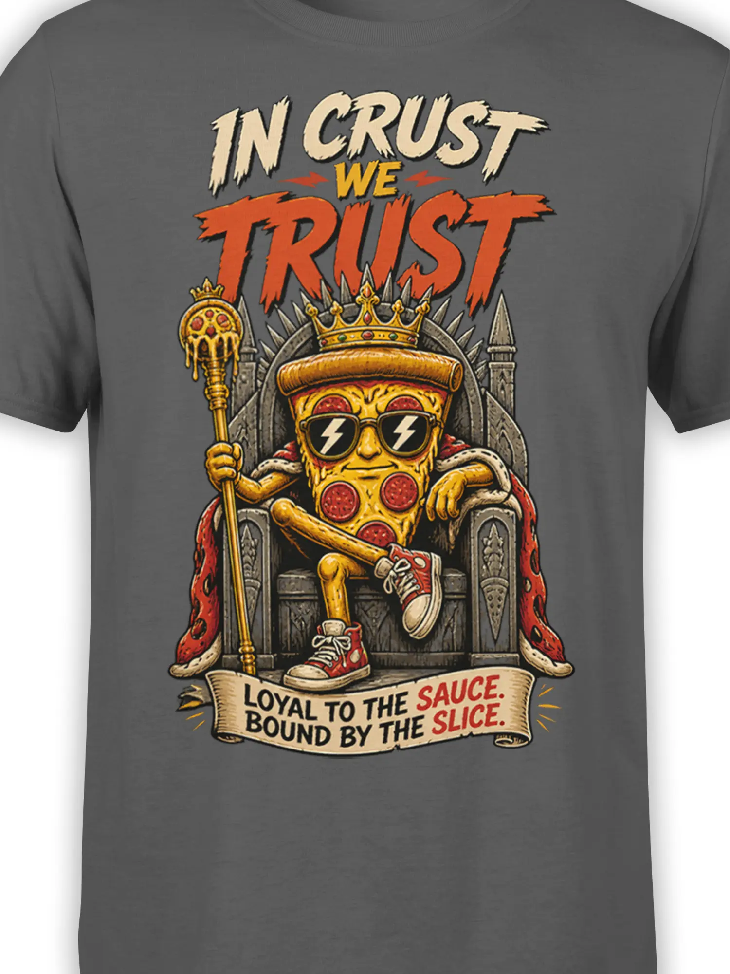 Close-up of crowned pizza king artwork, sunglasses, scepter, sneakers, and bold lettering on gray fabric
