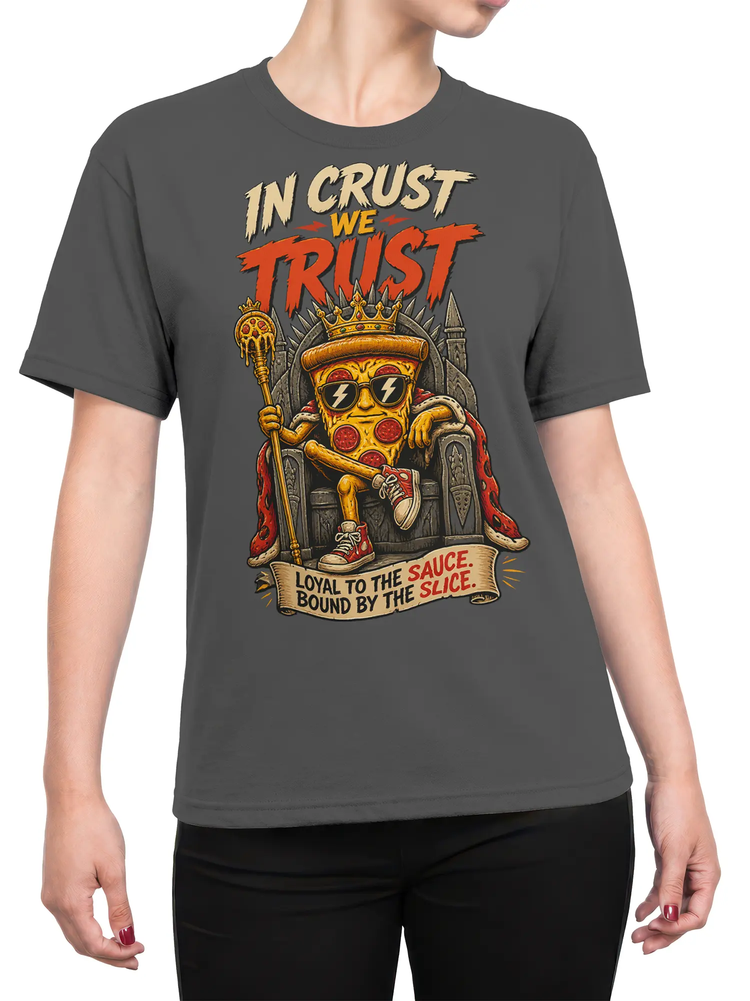 Female torso wearing a gray Crust King pizza T-shirt with a crowned pizza character and vintage lettering