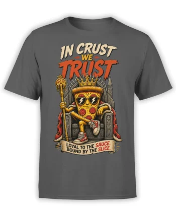Crowned pizza king in sunglasses seated on a throne on a gray pizza graphic T-shirt