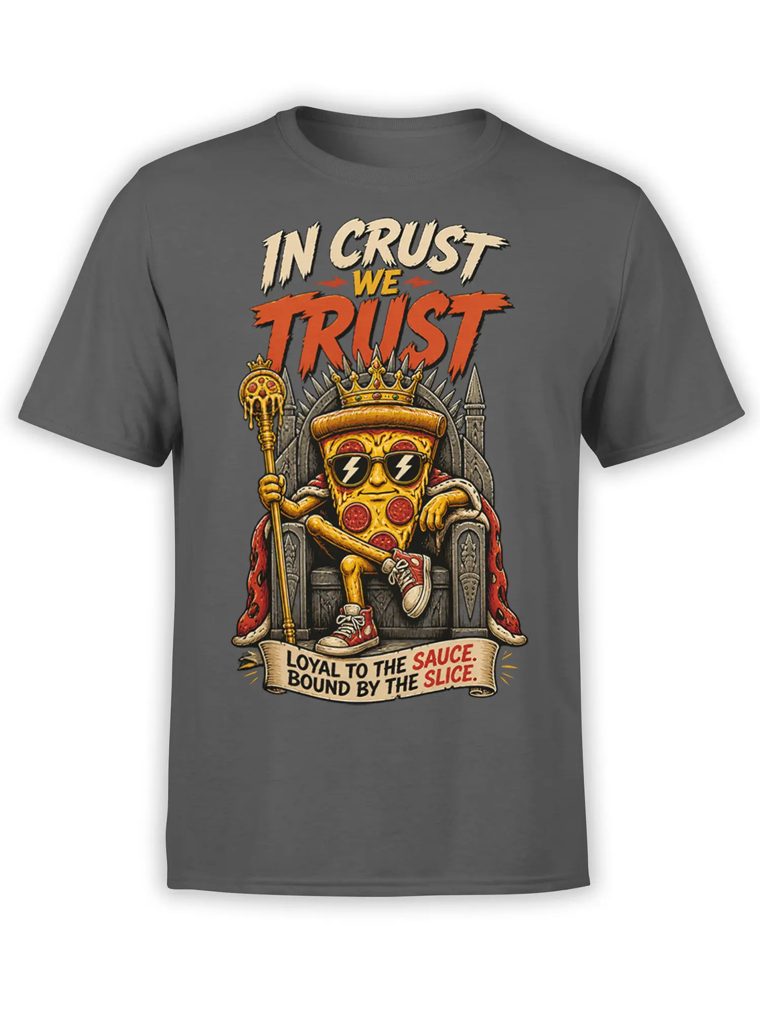 Crowned pizza king in sunglasses seated on a throne on a gray pizza graphic T-shirt