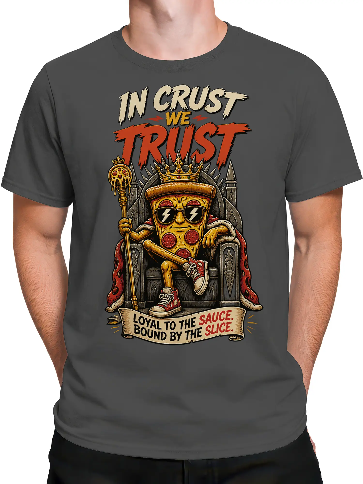 Male torso wearing a gray Crust King pizza T-shirt with throne artwork and slice-themed lettering