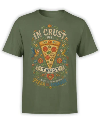 Vintage pizza slice T-shirt in green with flowers, birds, and “In Crust We Trust” lettering