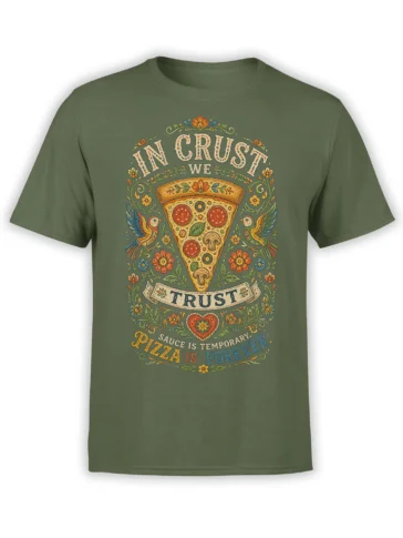 Vintage pizza slice T-shirt in green with flowers, birds, and “In Crust We Trust” lettering