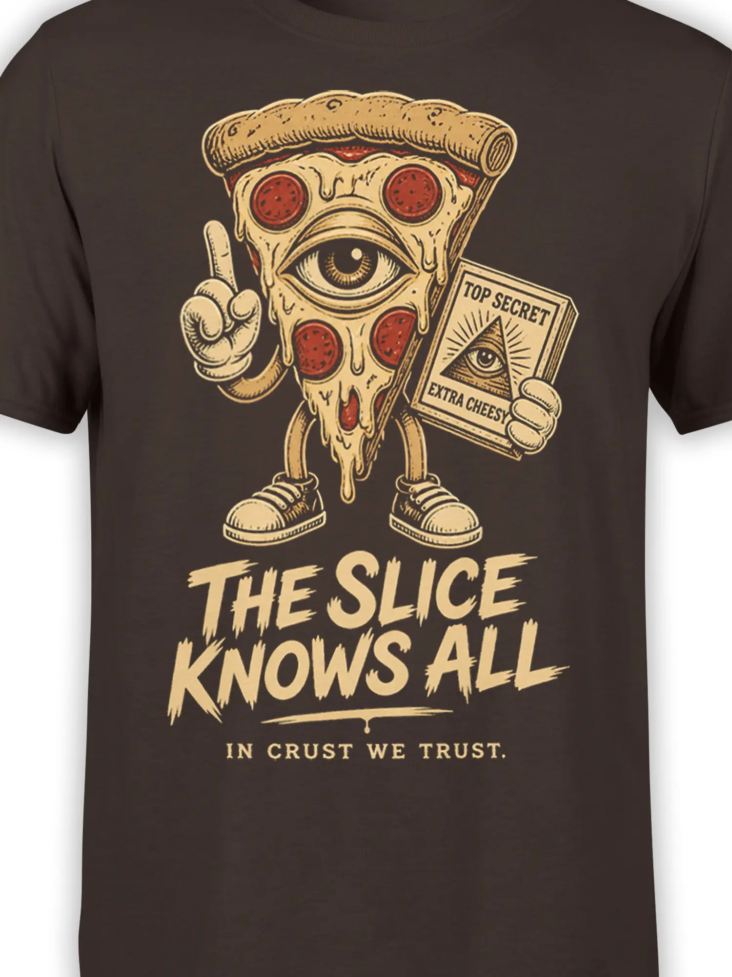 Close-up of the one-eyed pizza slice, pepperoni, dripping cheese, and extra-cheesy secret card