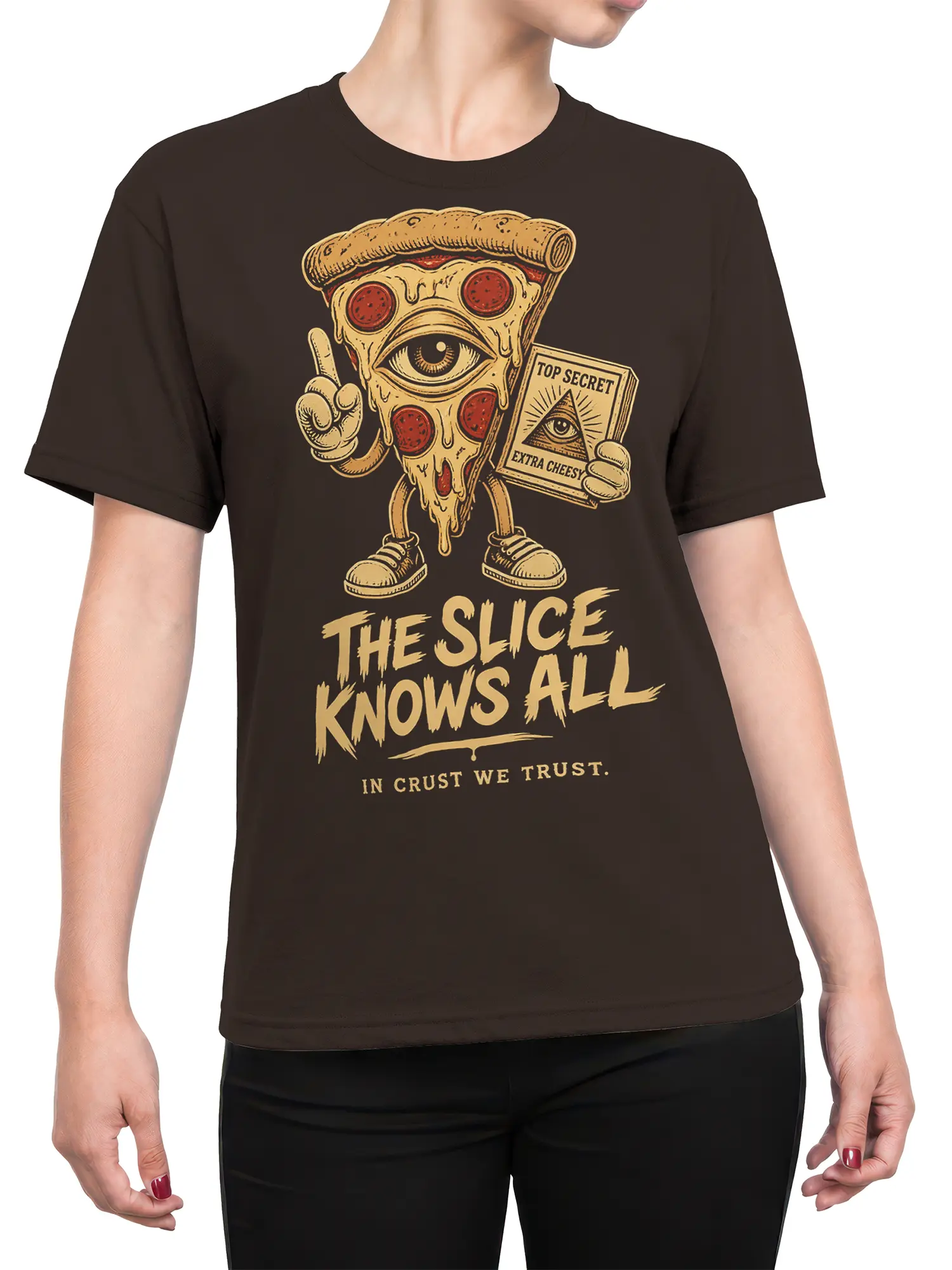 Female torso wearing a dark brown T-shirt with an all-seeing anthropomorphic pizza slice design