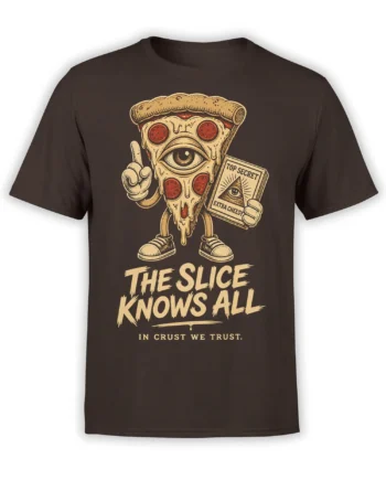 Anthropomorphic pizza slice with one large eye and top-secret card on a dark brown T-shirt