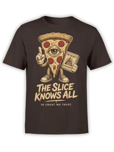 Anthropomorphic pizza slice with one large eye and top-secret card on a dark brown T-shirt