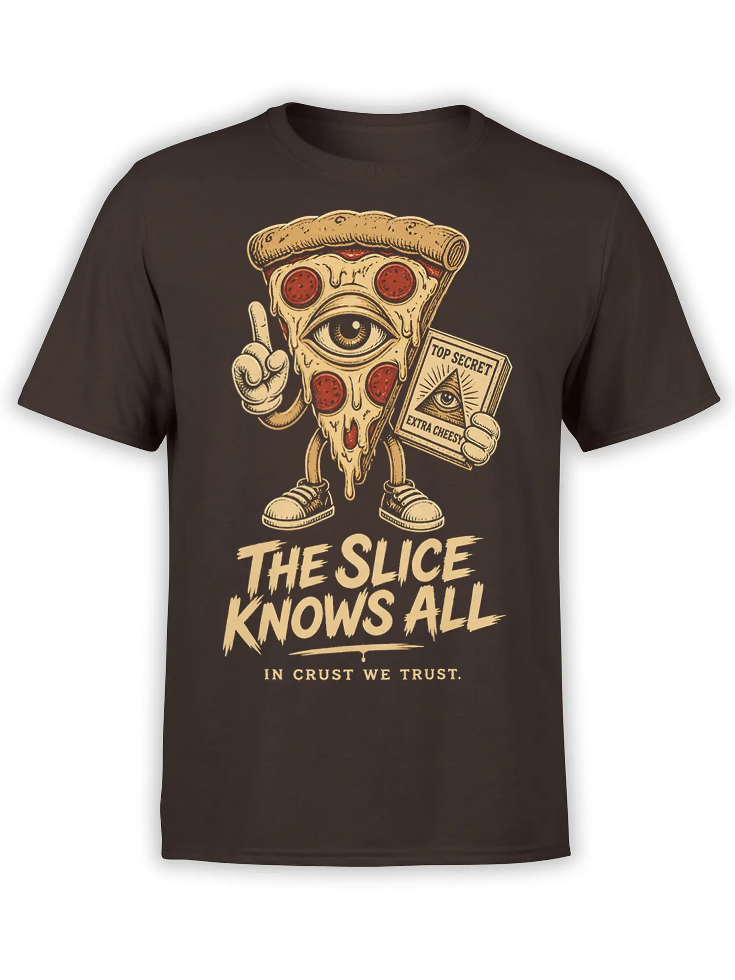 Anthropomorphic pizza slice with one large eye and top-secret card on a dark brown T-shirt
