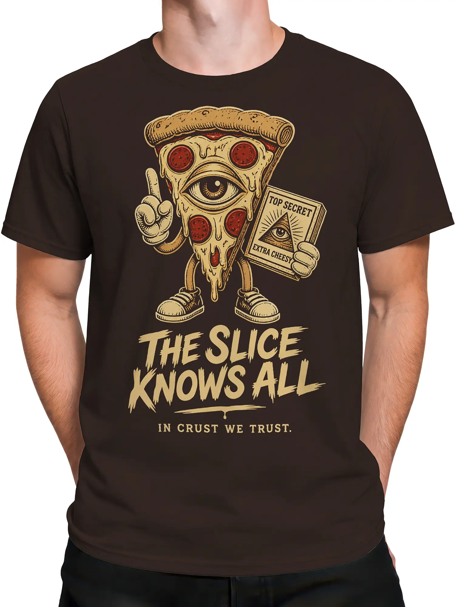 Male torso wearing a dark brown T-shirt with a funny top-secret pizza slice graphic