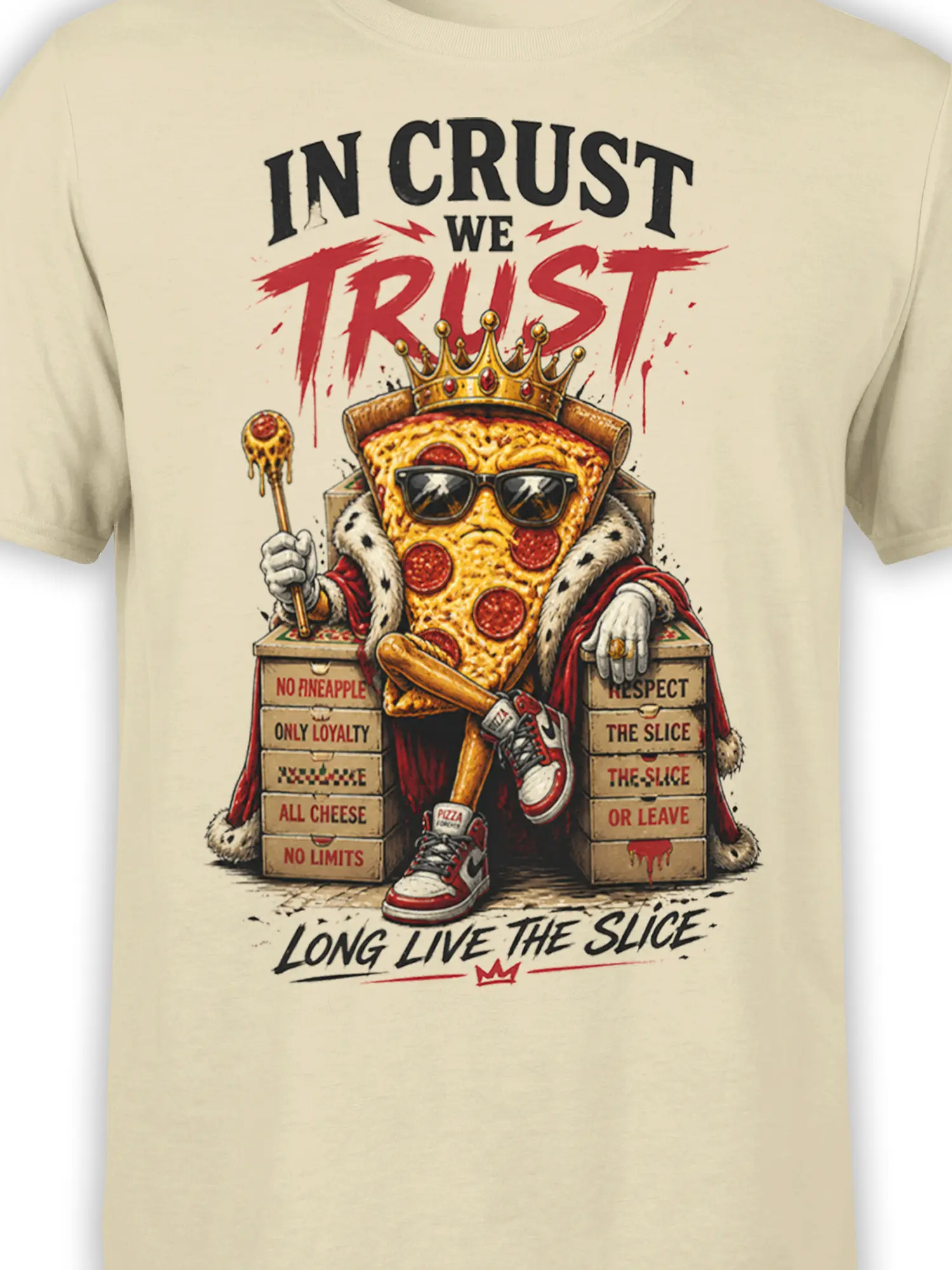 Close-up of crowned pepperoni pizza slice artwork with sunglasses, pizza boxes, and bold lettering on beige fabric