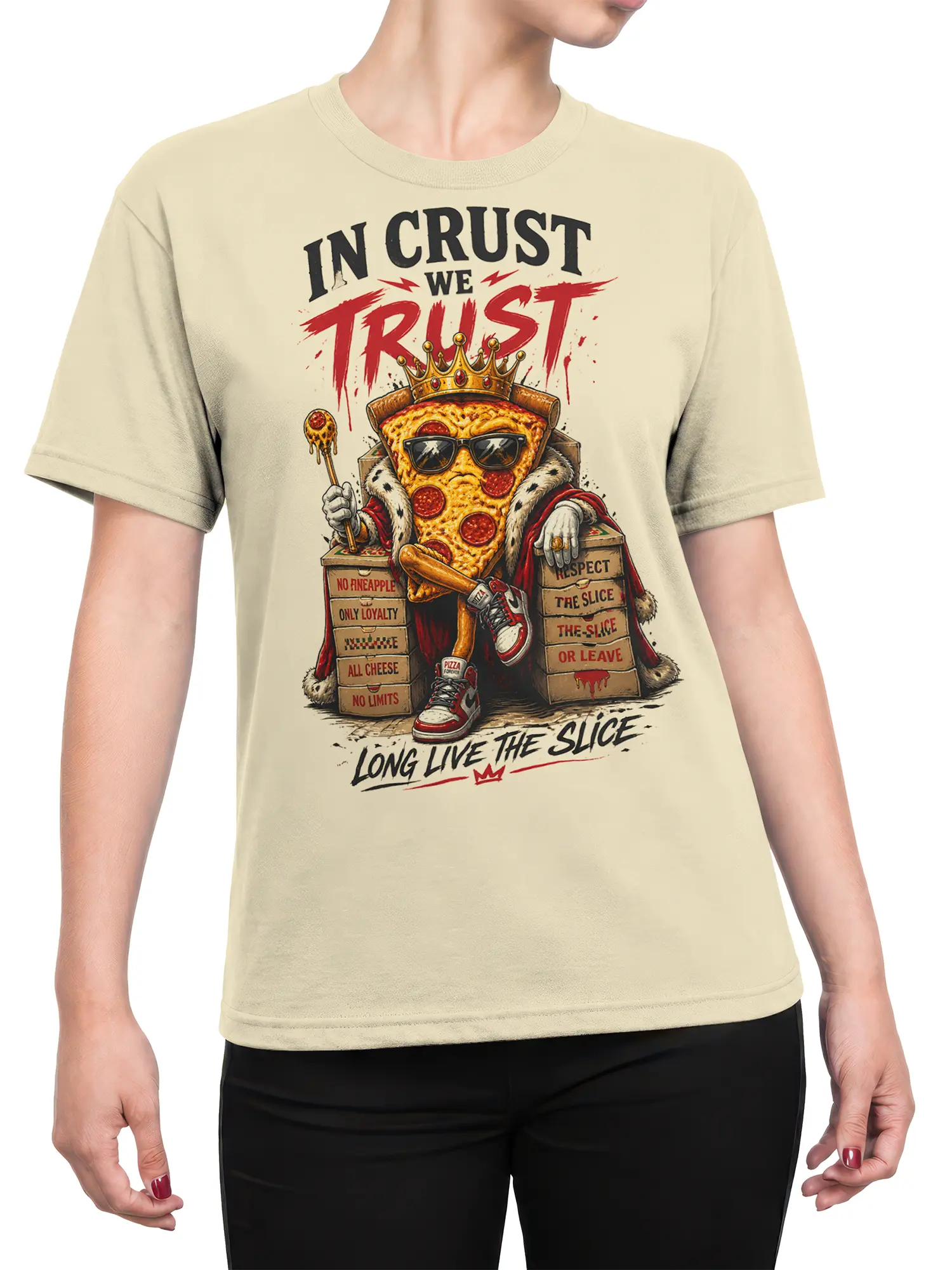 Female torso wearing a beige pizza T-shirt with a crowned pepperoni slice, sunglasses, and royal graphic artwork