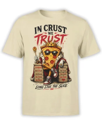 Crowned pepperoni pizza slice in sunglasses on a beige pizza graphic T-shirt with bold slice-themed lettering