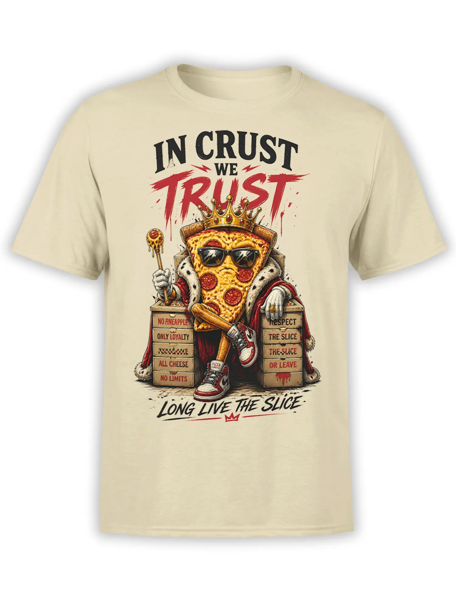 Crowned pepperoni pizza slice in sunglasses on a beige pizza graphic T-shirt with bold slice-themed lettering