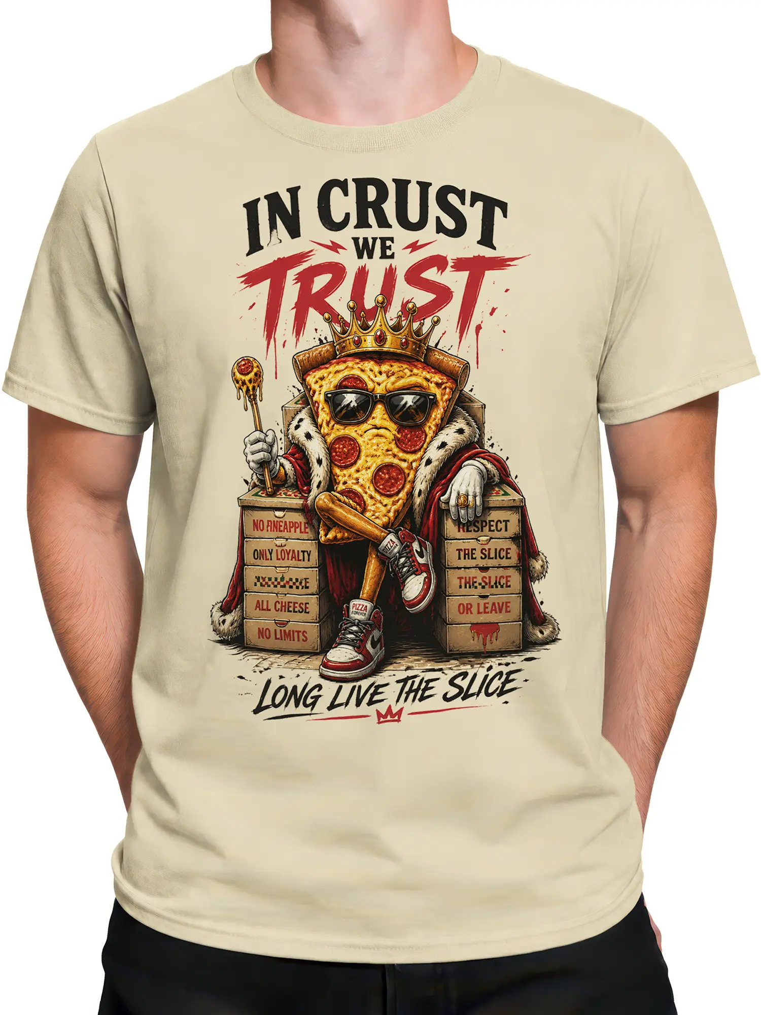 Male torso wearing a beige pizza T-shirt with crowned pepperoni slice artwork and bold red and black lettering