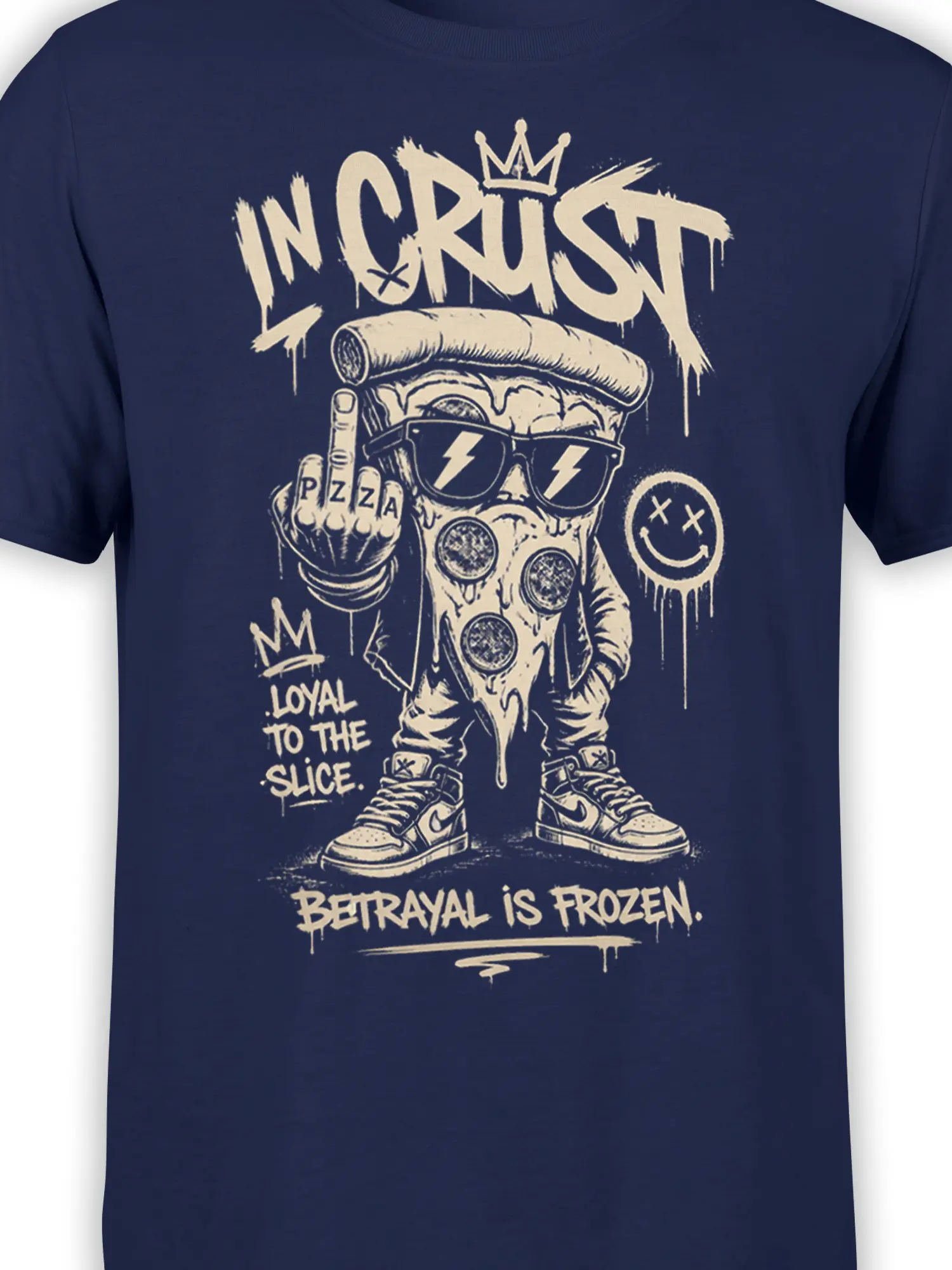 Close-up of crowned pizza slice character with lightning sunglasses and punk lettering on navy fabric