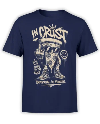 Crowned pizza slice character wearing sunglasses and sneakers on a navy pizza T-shirt