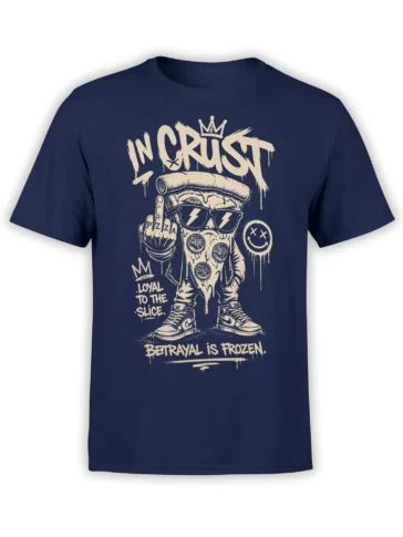 Crowned pizza slice character wearing sunglasses and sneakers on a navy pizza T-shirt