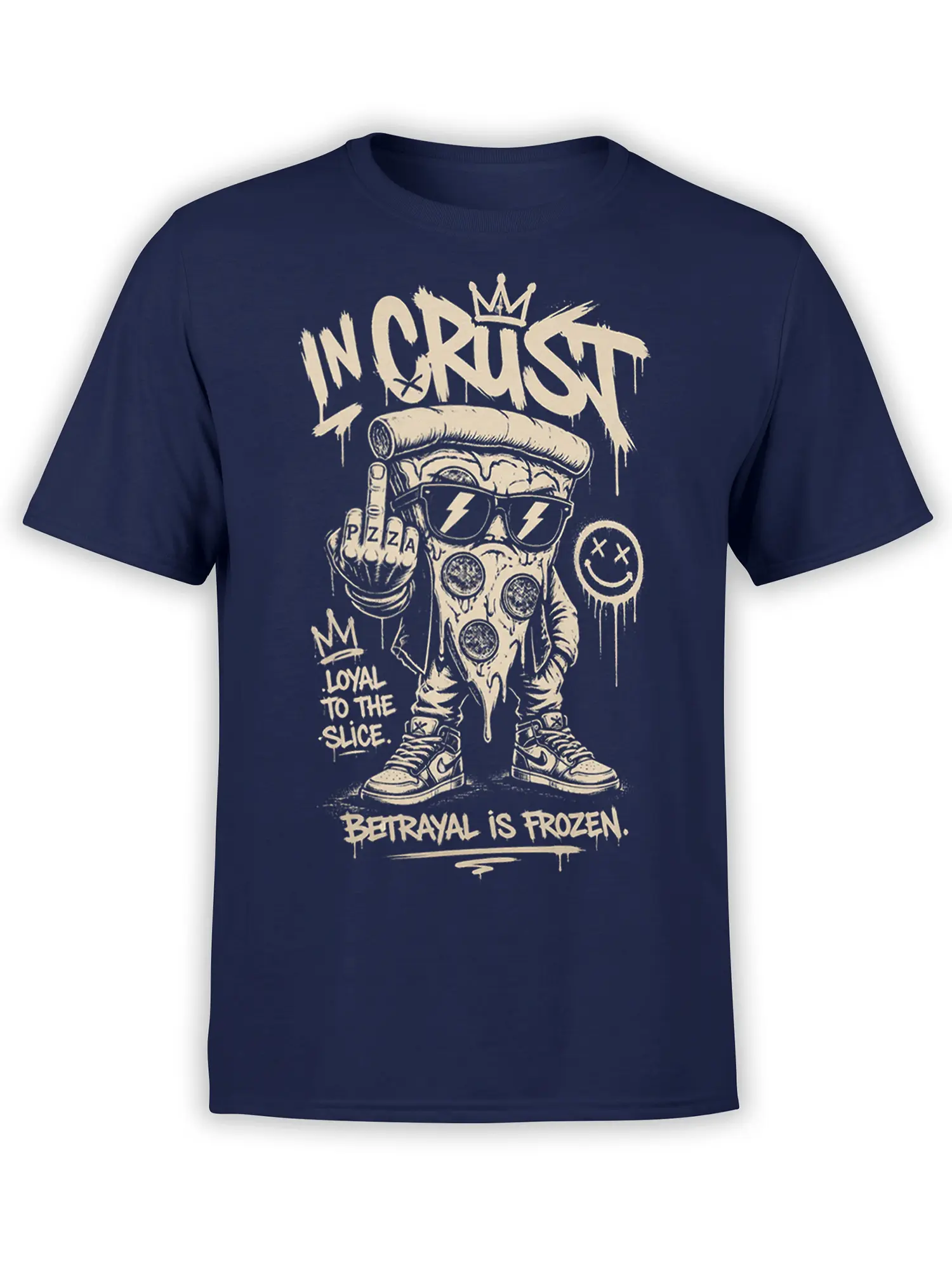 Crowned pizza slice character wearing sunglasses and sneakers on a navy pizza T-shirt
