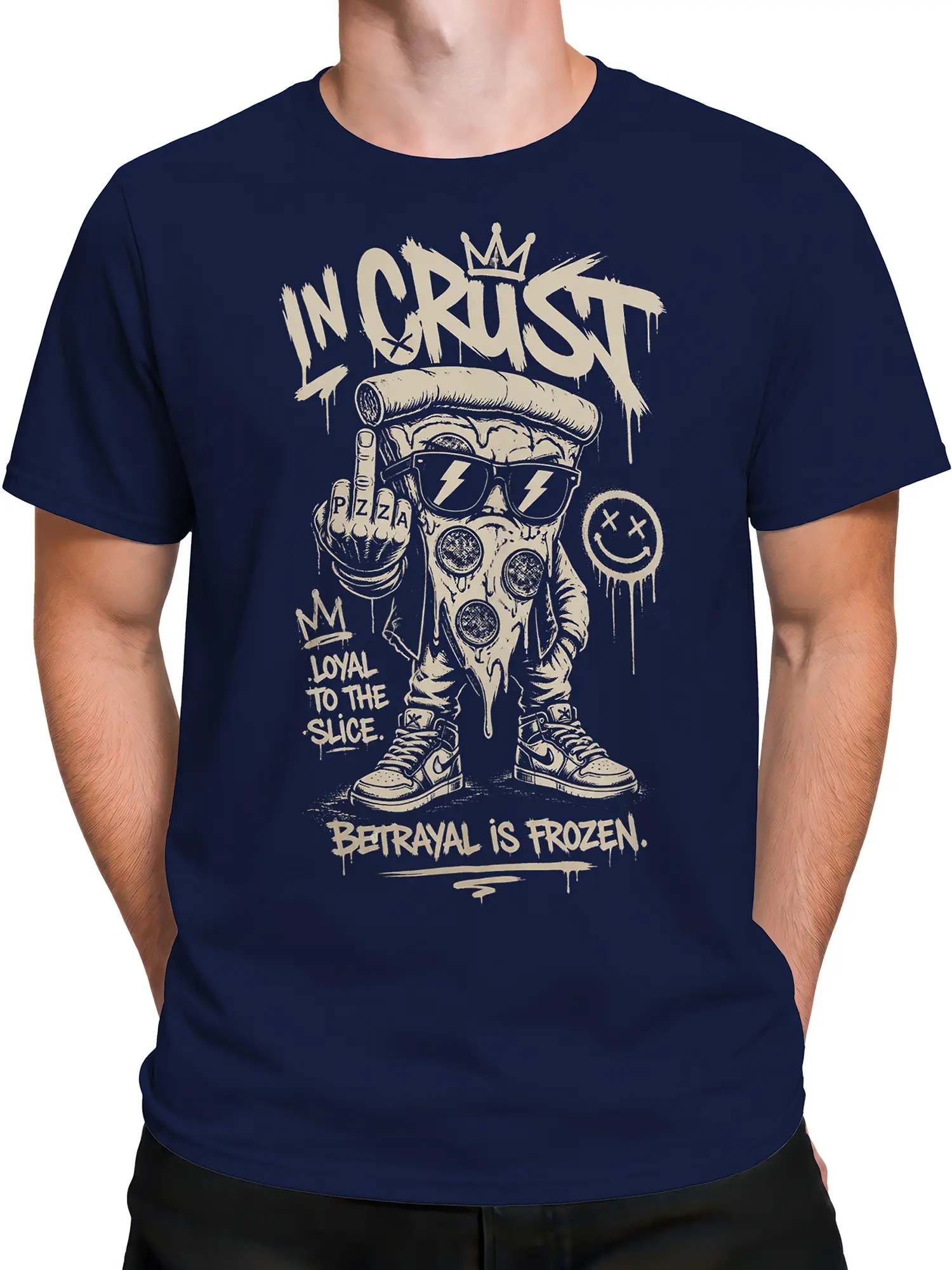 Male torso wearing a navy pizza T-shirt with a crowned slice, graffiti lettering, and punk details