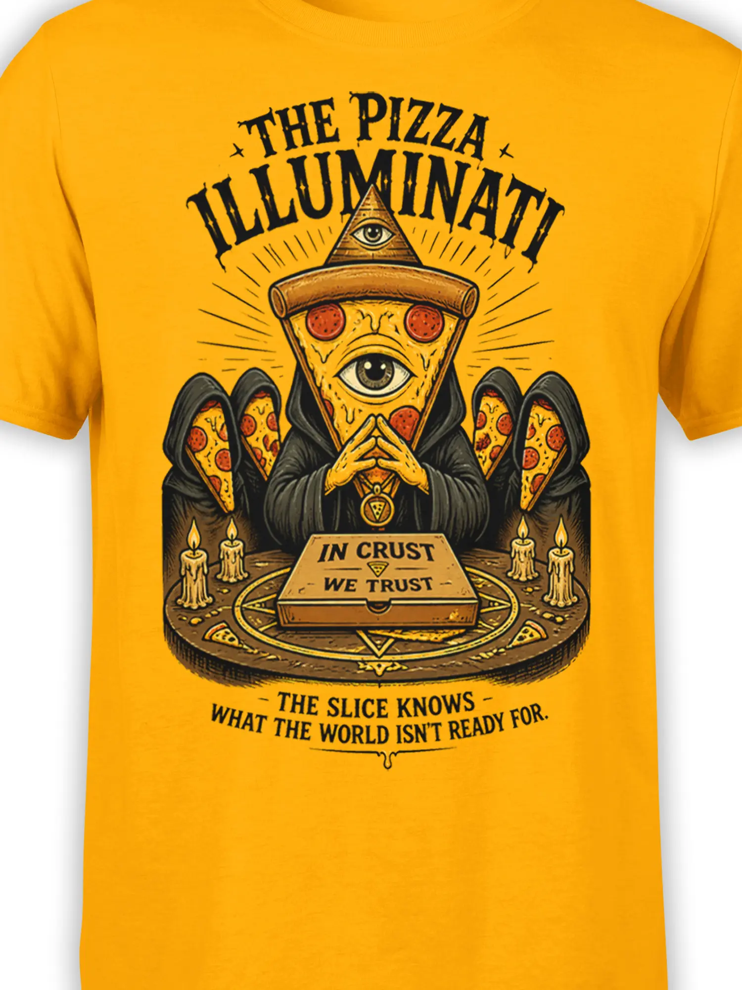 Close-up of yellow pizza prophet artwork with pepperoni, cosmic eyes, candles, and vintage “Pizza Illuminati” text