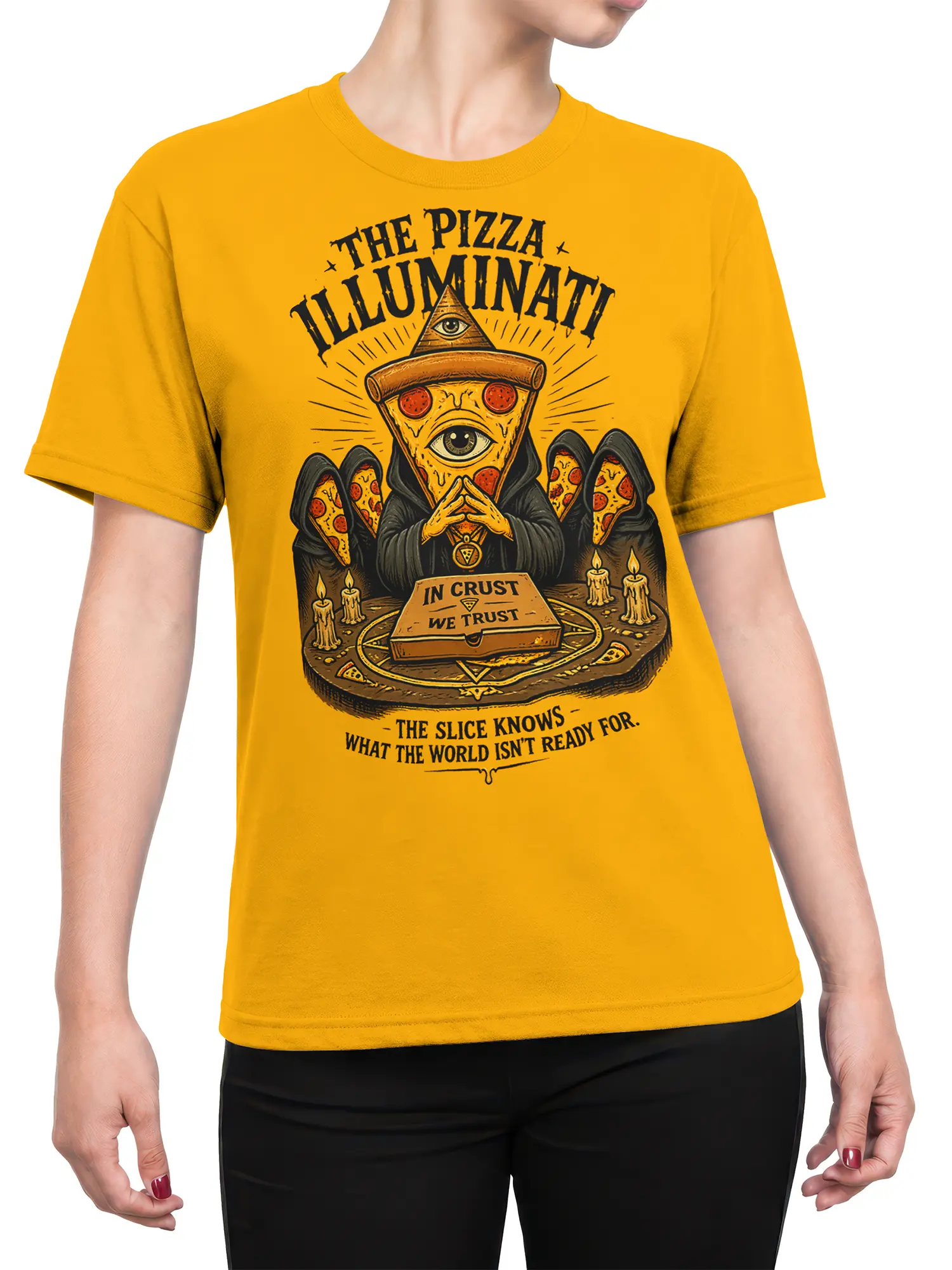 Female torso wearing a yellow pizza prophet T-shirt with an all-seeing eye and “In Crust We Trust” design