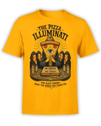 Yellow pizza prophet T-shirt with an all-seeing eye, pizza wings, candles, and “In Crust We Trust” text