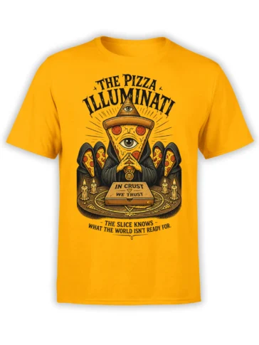 Yellow pizza prophet T-shirt with an all-seeing eye, pizza wings, candles, and “In Crust We Trust” text