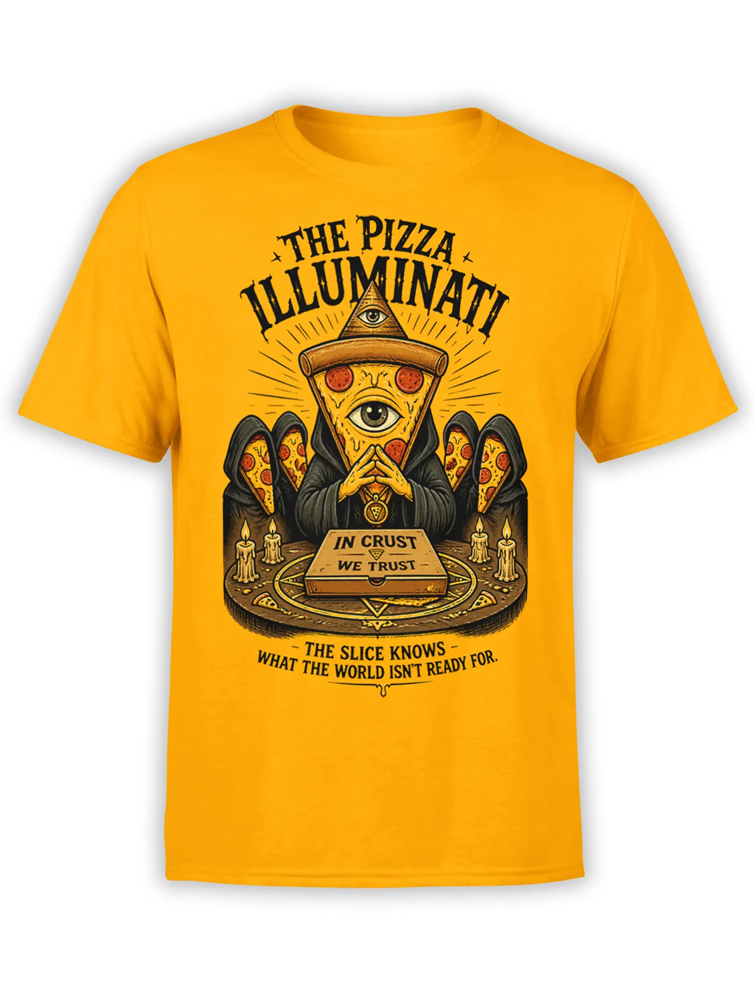Yellow pizza prophet T-shirt with an all-seeing eye, pizza wings, candles, and “In Crust We Trust” text