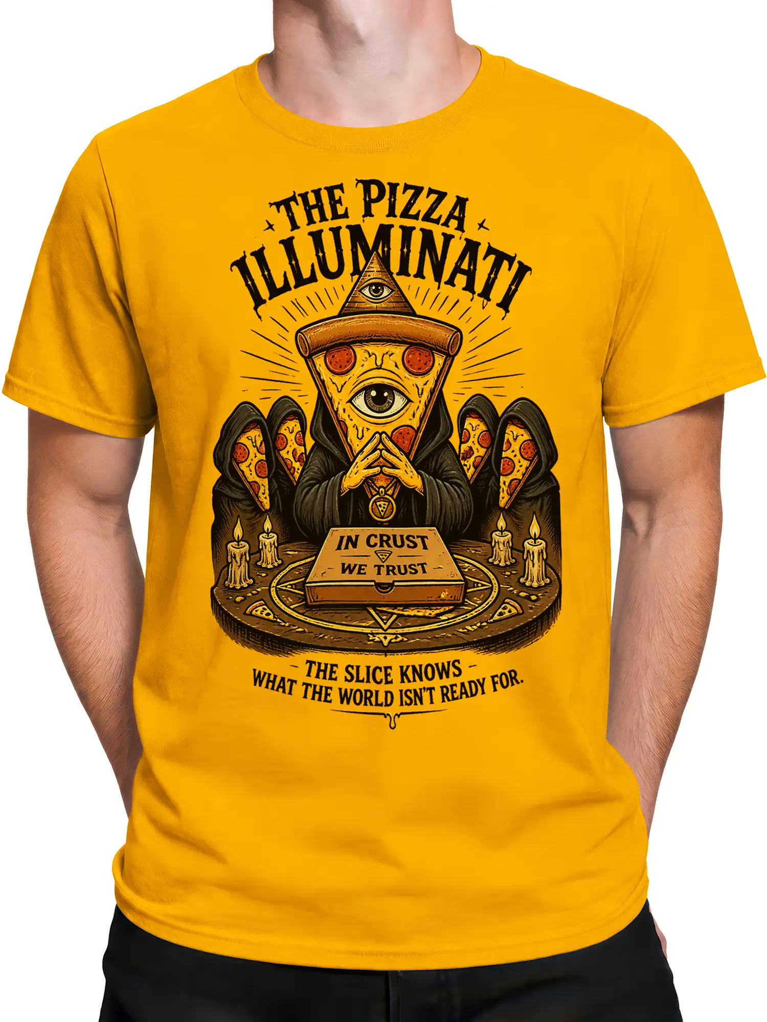 Male torso wearing a yellow pizza prophet T-shirt with pizza wings, candles, and cosmic eye artwork