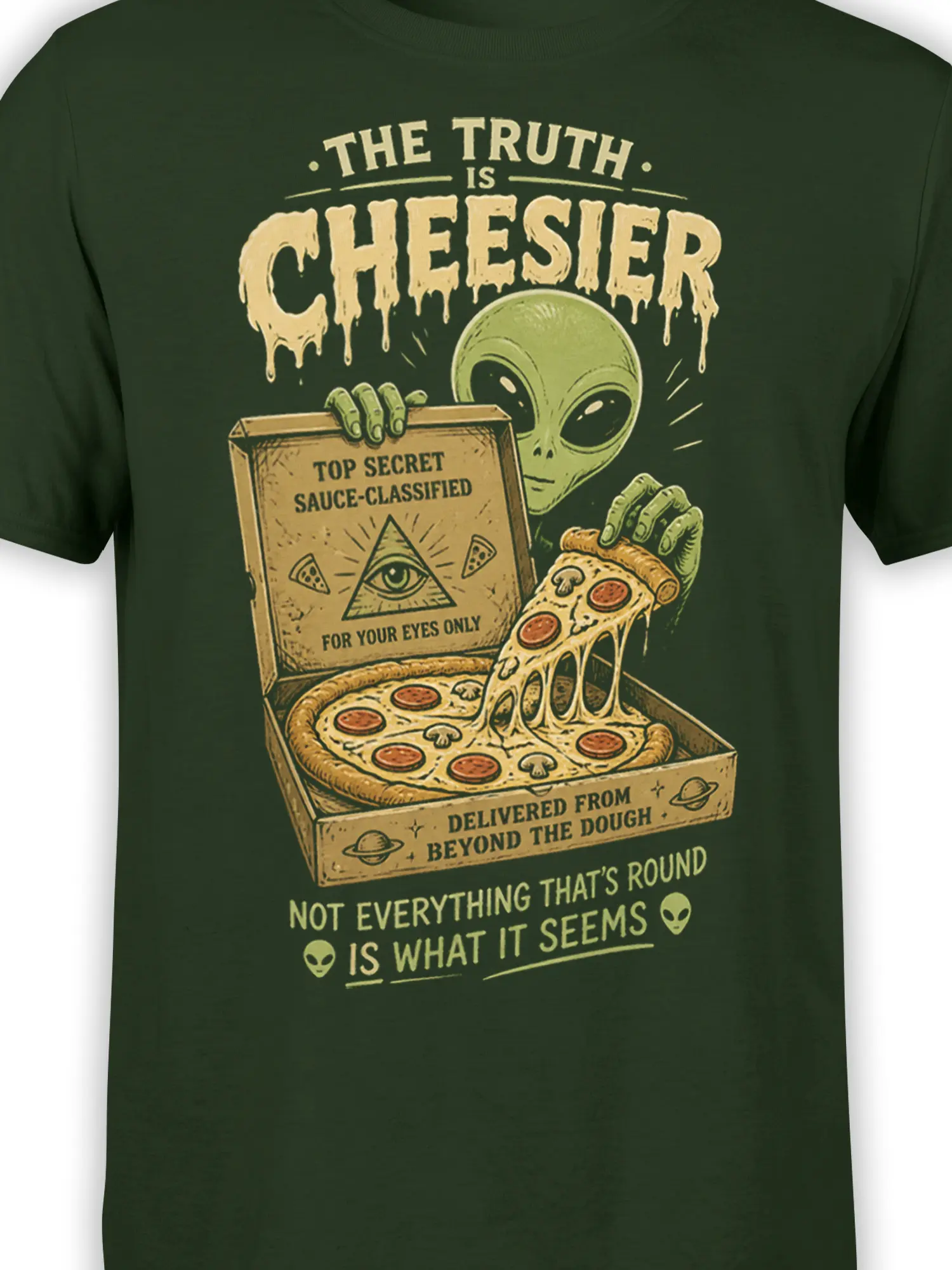 Close-up of green alien serving cheesy pizza from a classified box on a dark green T-shirt