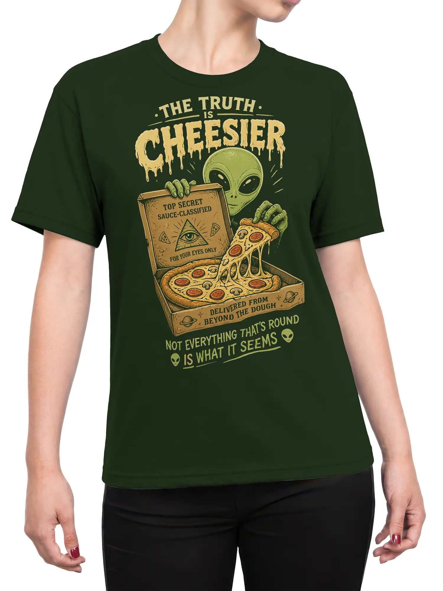 Female torso wearing a dark green alien pizza graphic T-shirt with vintage cosmic artwork and melting cheese