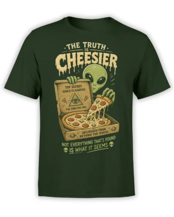 Dark green alien pizza T-shirt with secret sauce box, melting cheese, and vintage sci-fi lettering