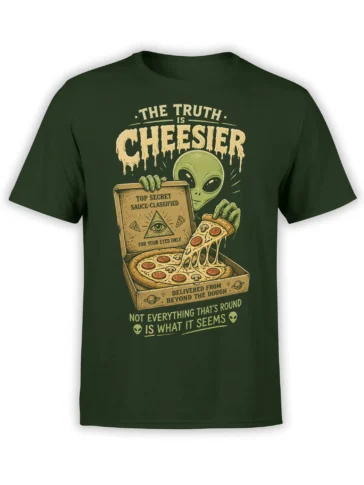 Dark green alien pizza T-shirt with secret sauce box, melting cheese, and vintage sci-fi lettering