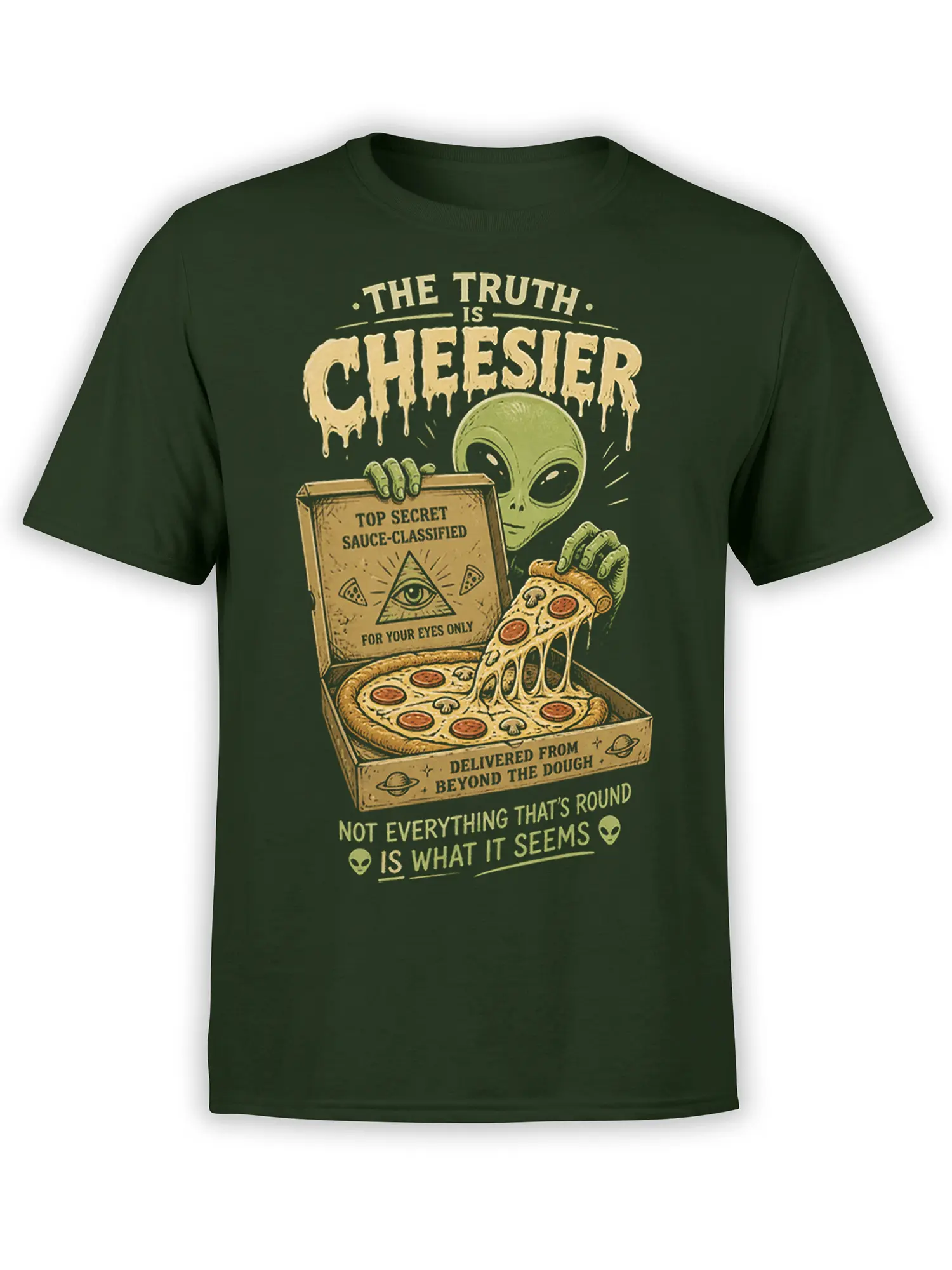 Dark green alien pizza T-shirt with secret sauce box, melting cheese, and vintage sci-fi lettering