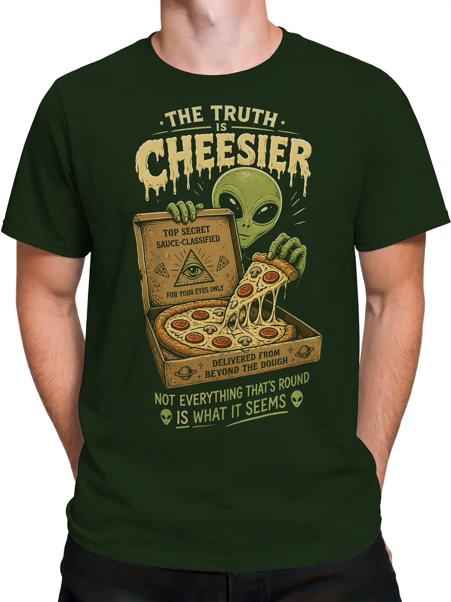 Male torso wearing a dark green alien pizza T-shirt with secret sauce artwork and vintage sci-fi details