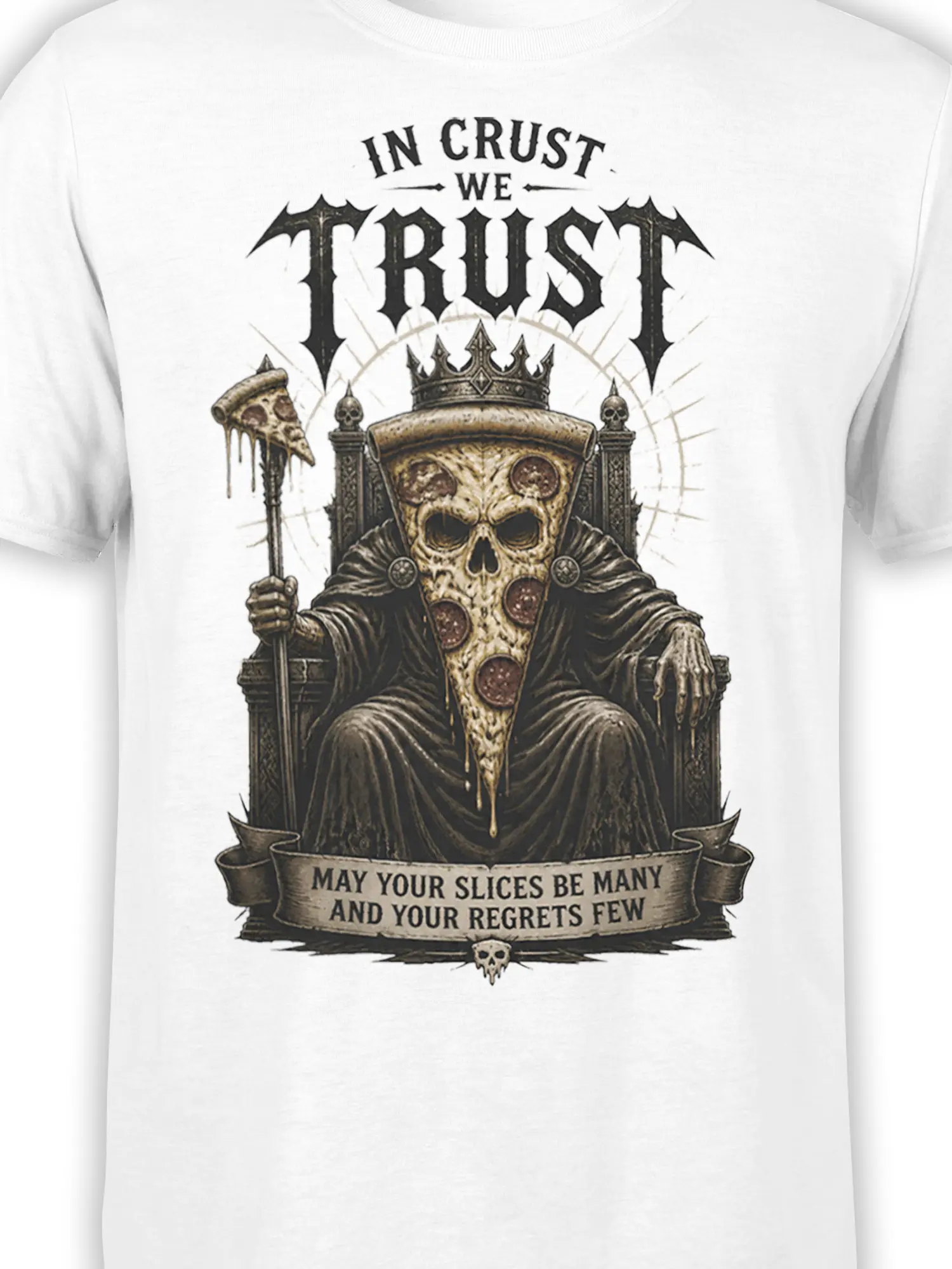 Close-up of crowned skull pizza artwork with ornate throne, dripping cheese, and blackletter text on a white shirt