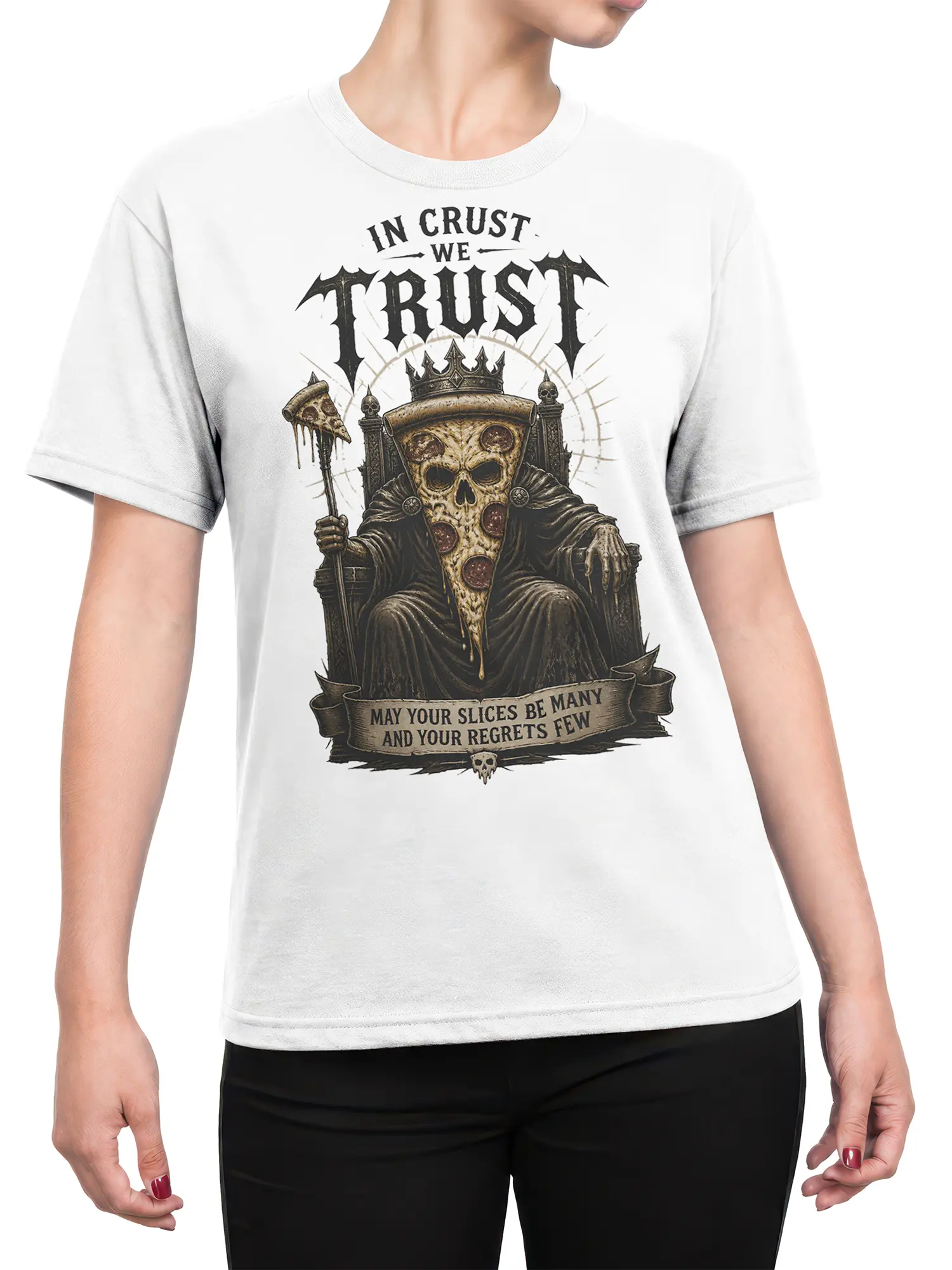 Female torso wearing a white T-shirt with crowned skull pizza king artwork and gothic lettering
