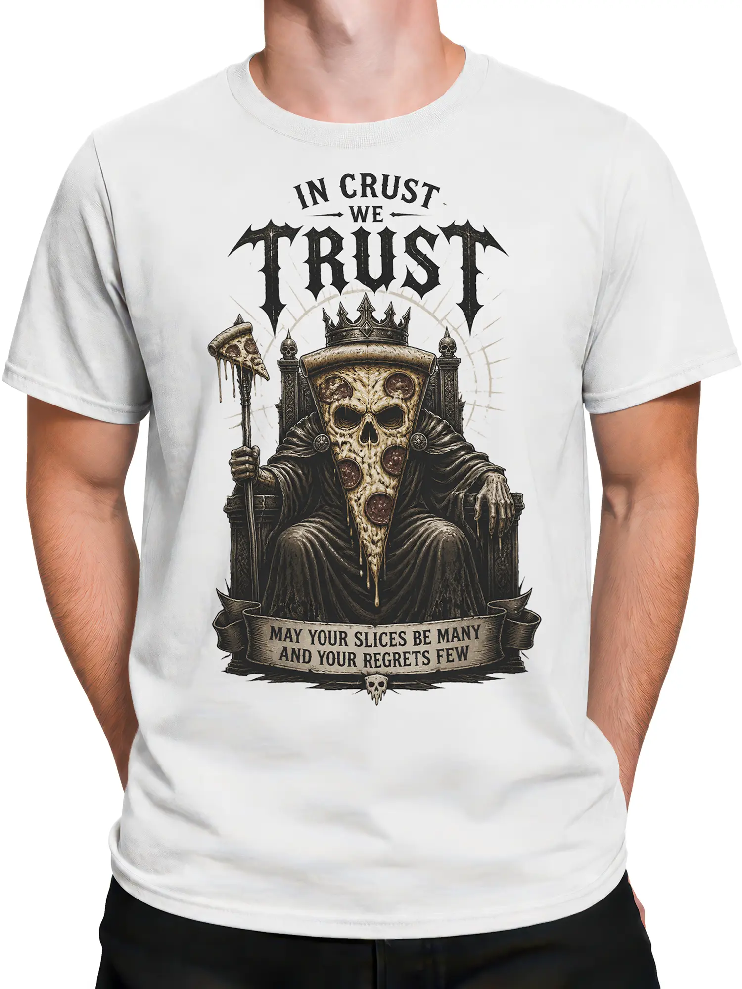 Male torso wearing a white crowned skull pizza T-shirt with gothic lettering and dripping slice artwork