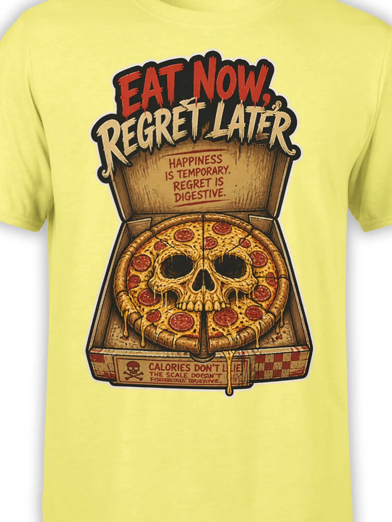 Close-up of yellow T-shirt design showing a skull-shaped pepperoni pizza, dripping cheese, and bold regret-themed text