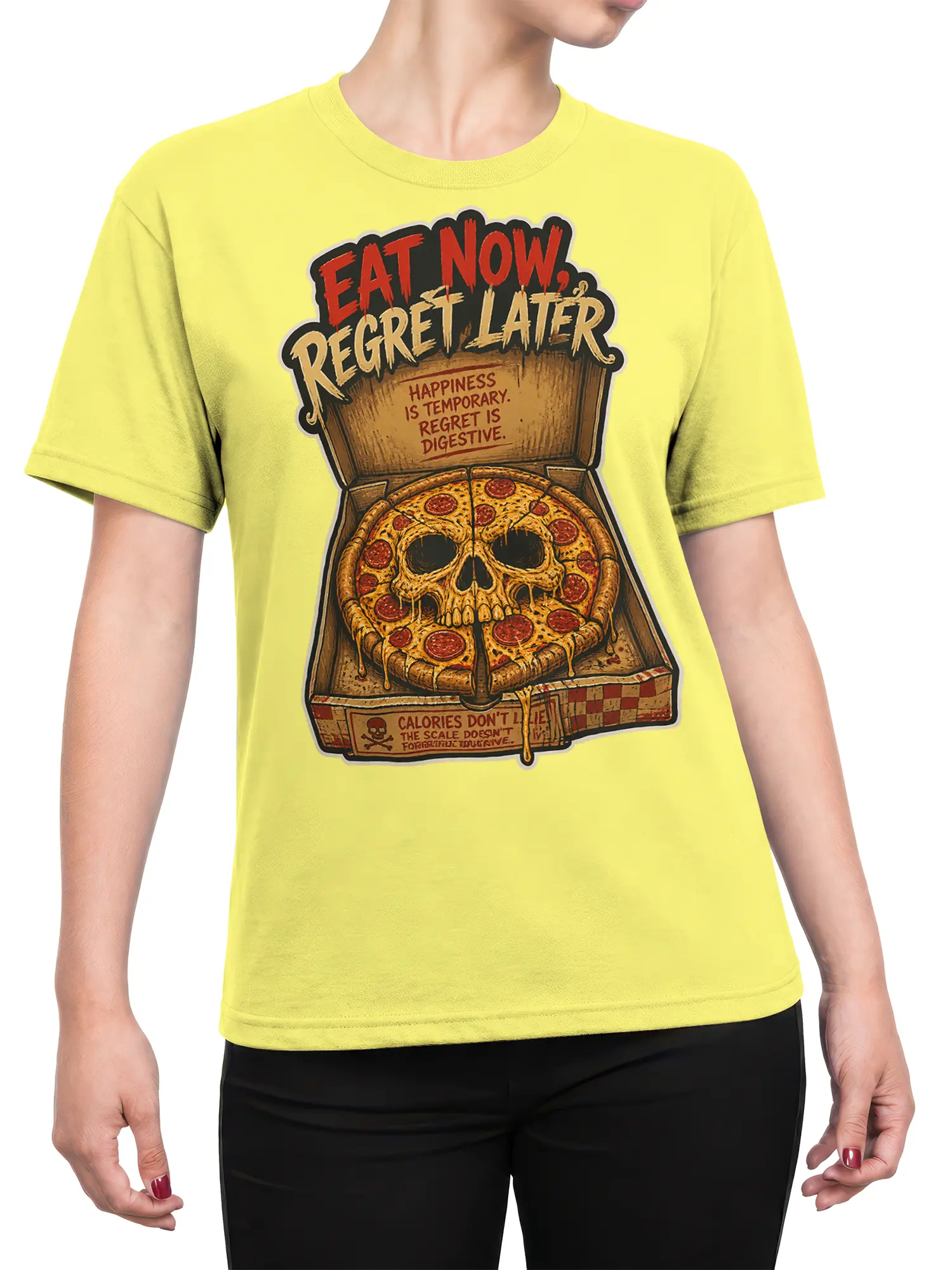 Female torso wearing a yellow pizza skull T-shirt with pepperoni, dripping cheese, and Eat Now Regret Later artwork