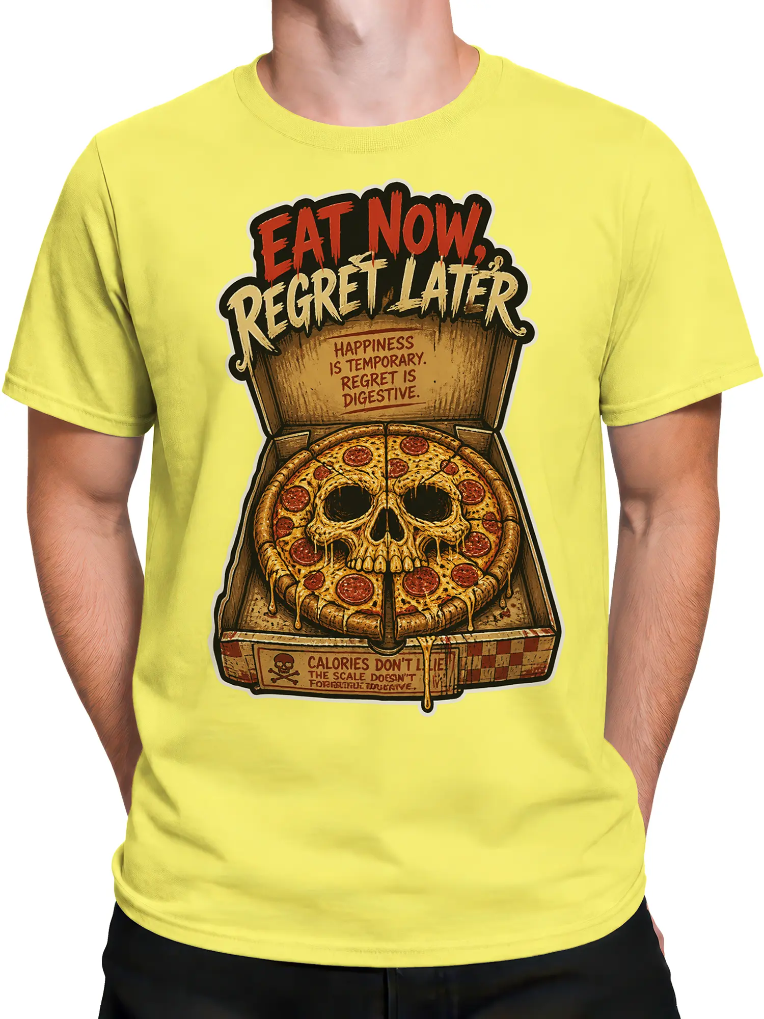 Male torso wearing a yellow pizza skull T-shirt with vintage pepperoni artwork and humorous food lettering
