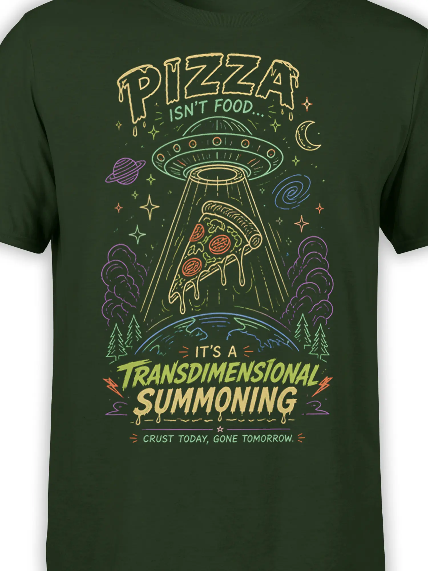 Close-up of the colorful pizza UFO artwork and melting cheese on a green graphic T-shirt