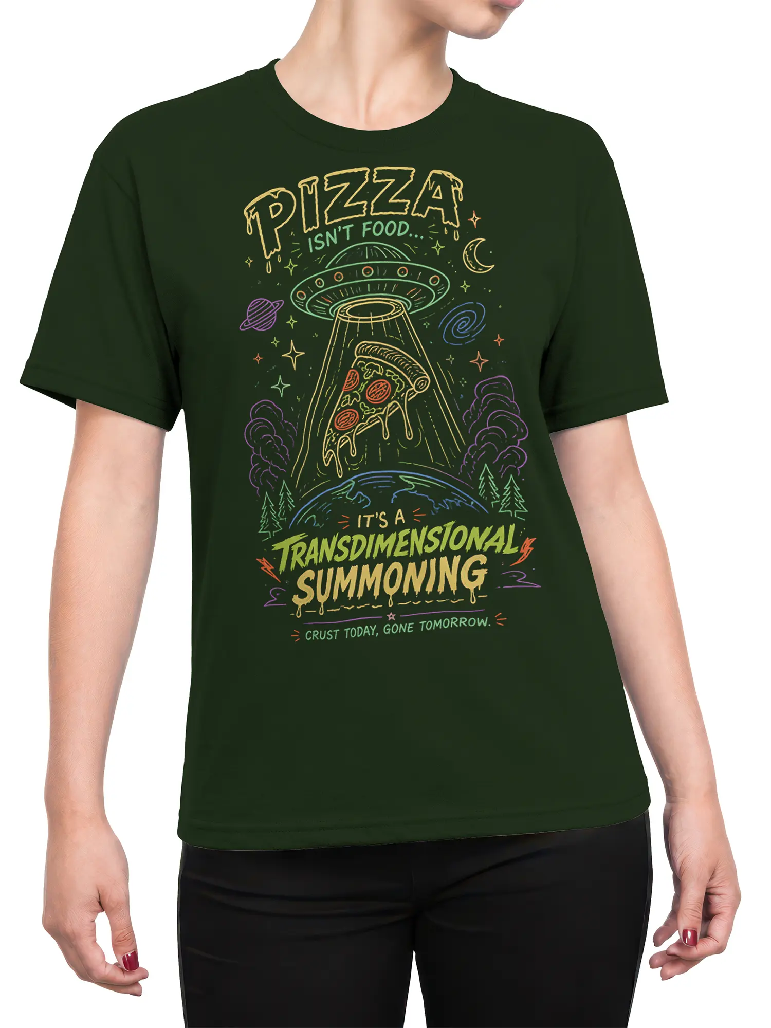 Female torso wearing a green pizza UFO T-shirt with colorful cosmic artwork and playful food-themed text