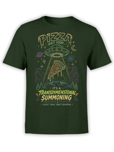 Green pizza UFO T-shirt with a flying saucer, melting slice, planets, stars, and transdimensional summoning text