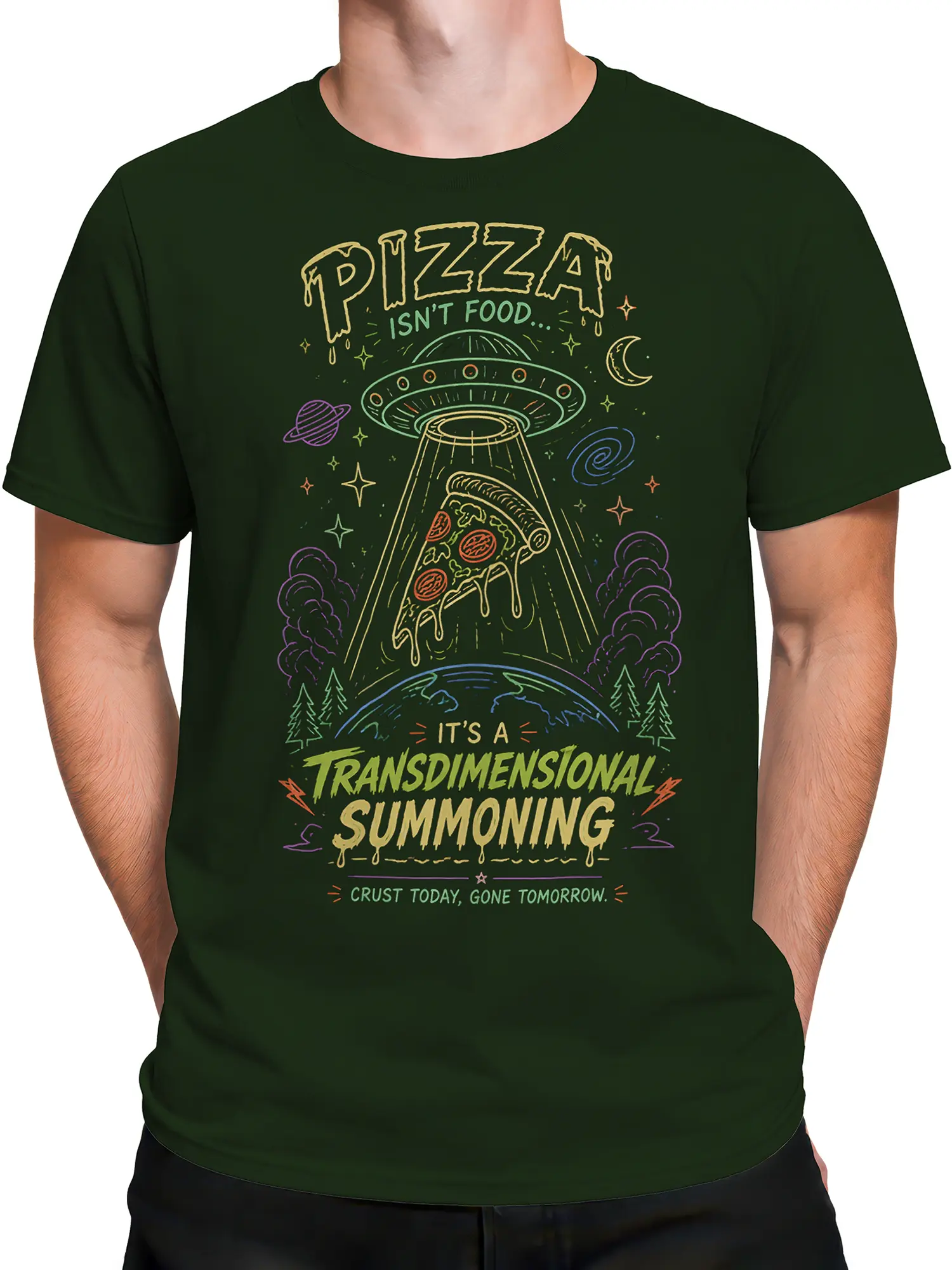 Male torso wearing a green pizza UFO T-shirt with retro space artwork and melting pizza design