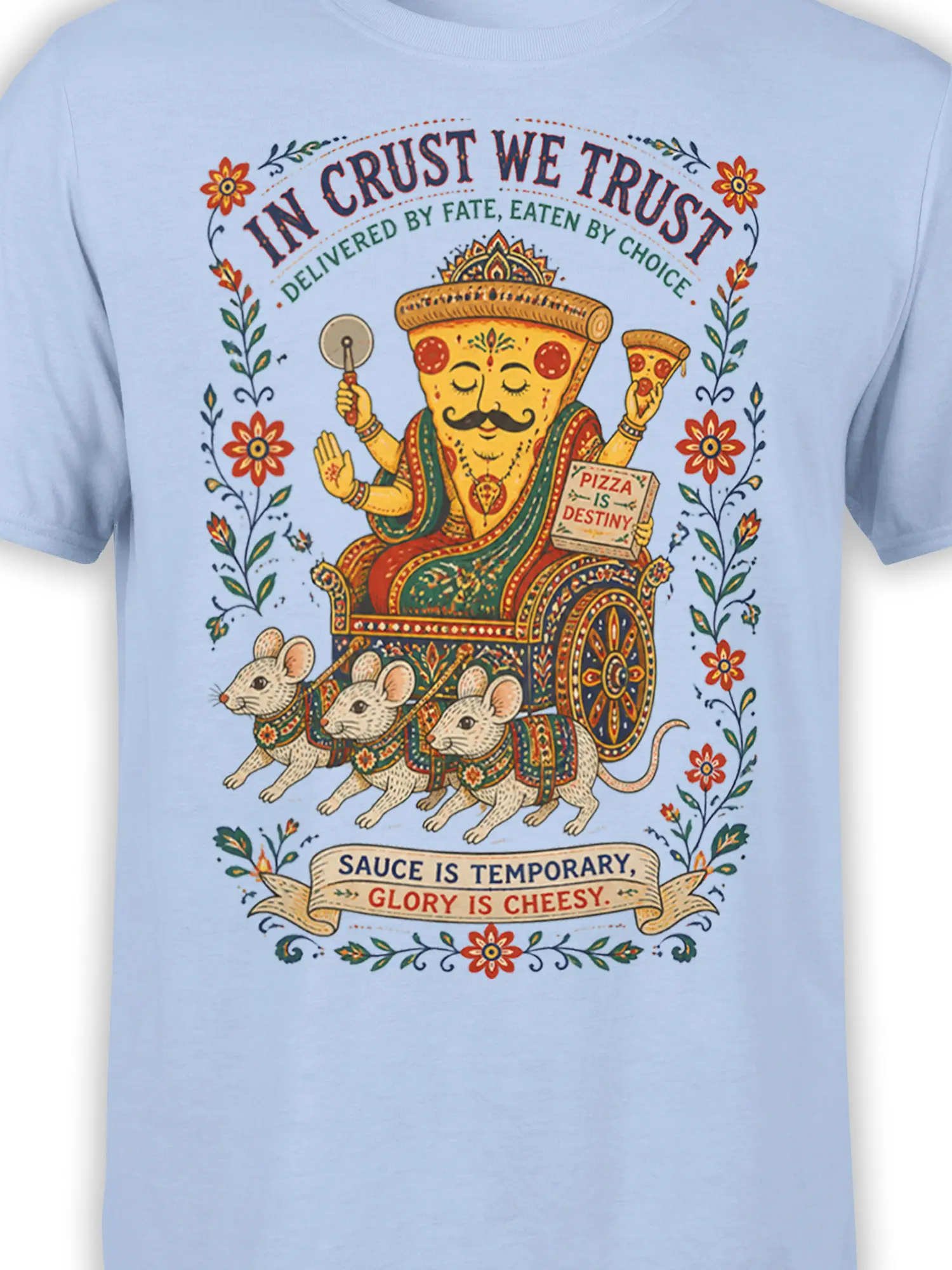 Close-up of royal pizza character, three mice, floral details, and destiny slogans on light blue fabric