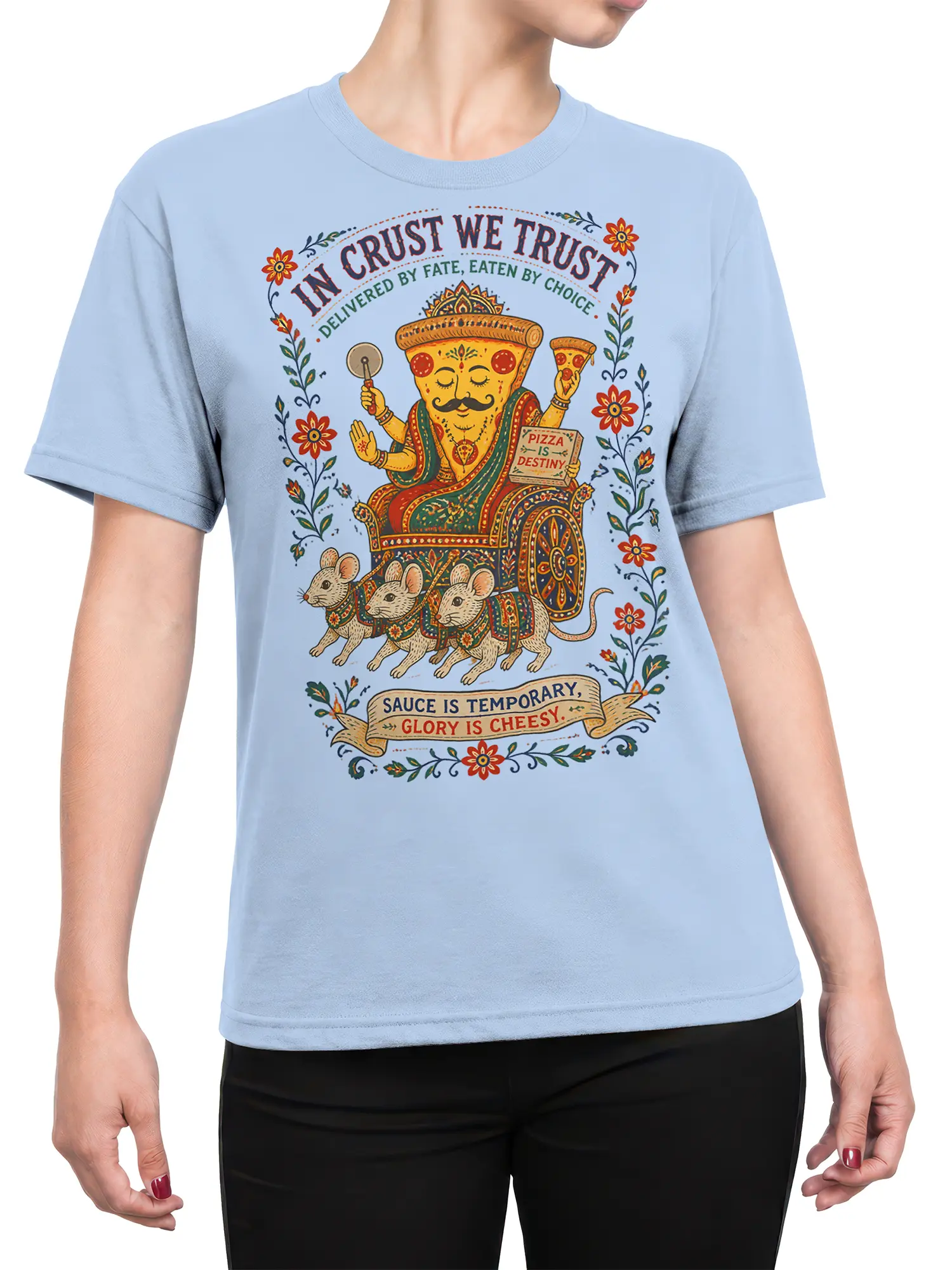 Female torso wearing a light blue pizza T-shirt with royal pizza artwork, three mice, and floral vintage details